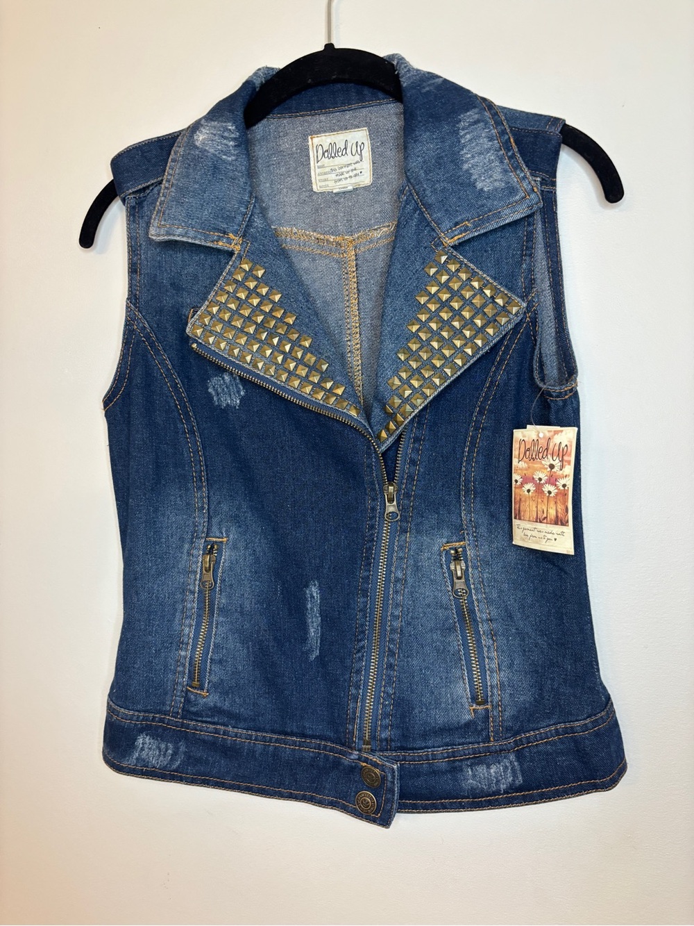 NWT Dolled Up Distressed Denim Stud Moto Vest - Blue & Gold